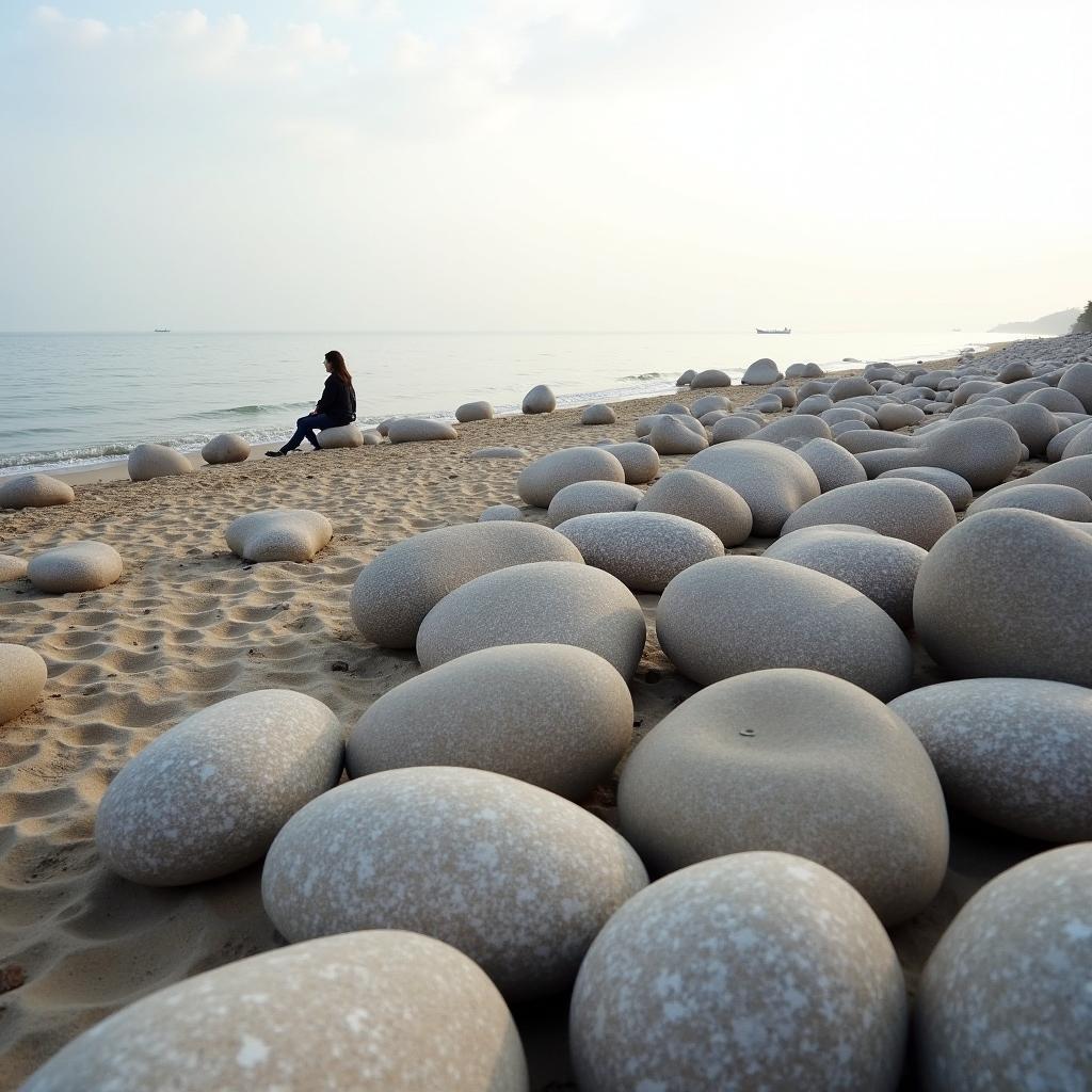 Khung cảnh bãi đá trứng độc đáo với những viên đá tròn nhẵn tại Bãi Đông, Nghi Sơn, Thanh Hóa