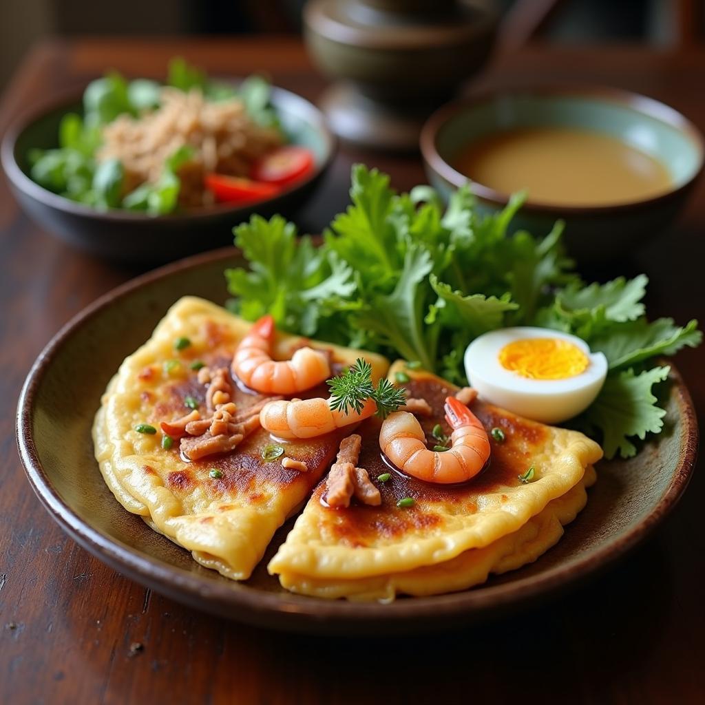 Cận cảnh chiếc bánh khoái Thanh Hóa vàng ươm, giòn rụm với phần nhân tôm thịt trứng cút đầy đặn, một món đặc sản không thể bỏ lỡ khi đến Thanh Hóa.