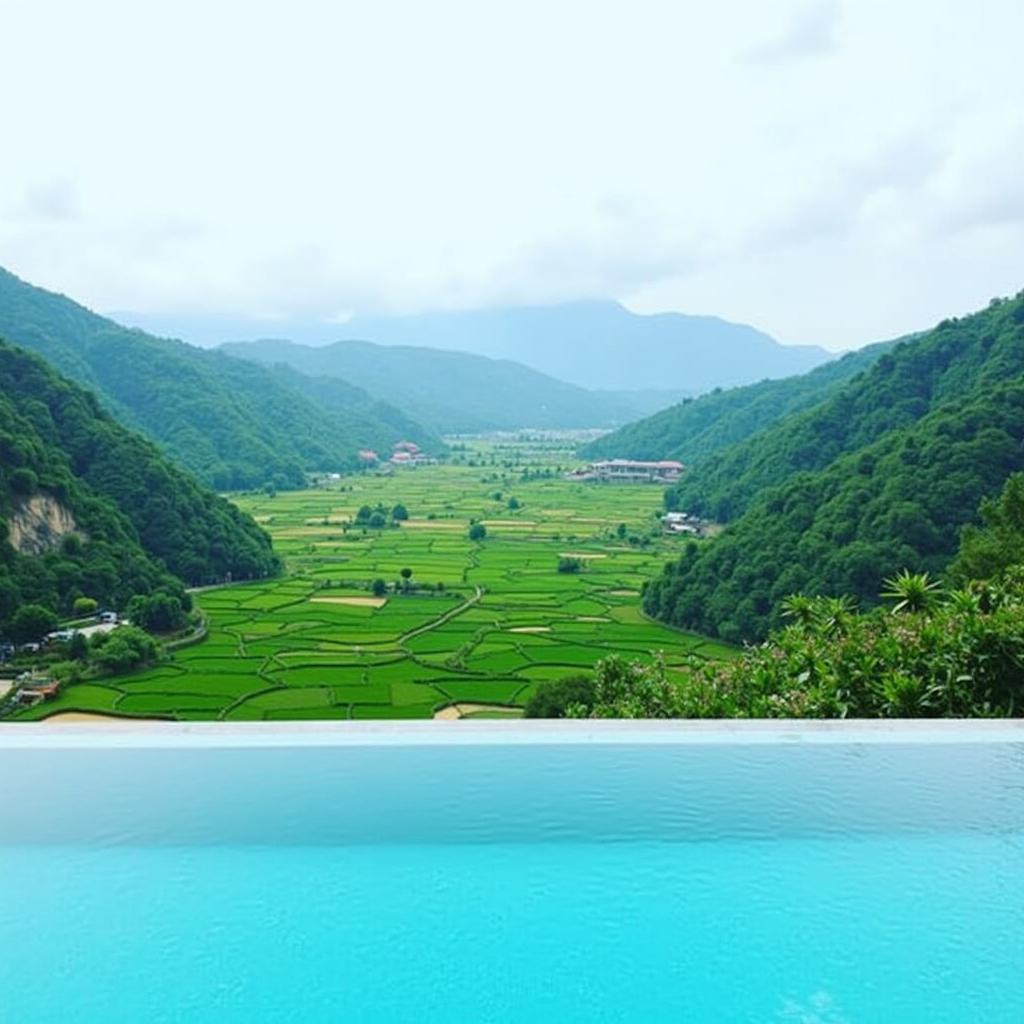 Bể bơi vô cực tại một homestay ở Pù Luông Thanh Hóa với view nhìn thẳng ra thung lũng và ruộng bậc thang