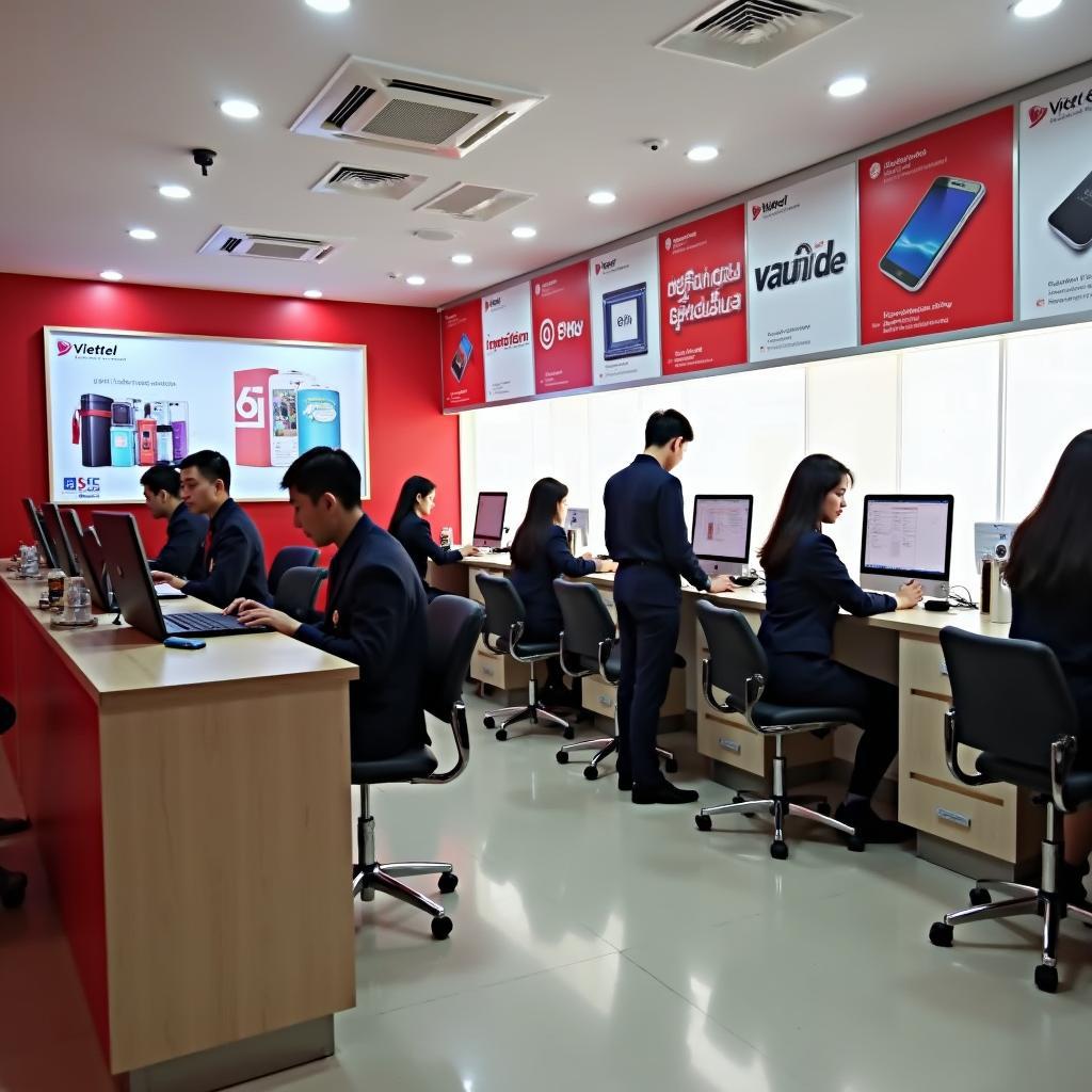 Không gian bên trong điểm giao dịch Viettel Thanh Hóa với nhân viên đang tư vấn dịch vụ internet và di động cho khách hàng