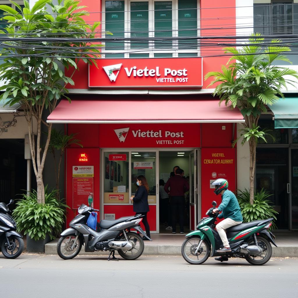 Hình ảnh bên ngoài một bưu cục Viettel Post Thanh Hóa khang trang, sạch sẽ với logo và màu sắc thương hiệu đặc trưng.