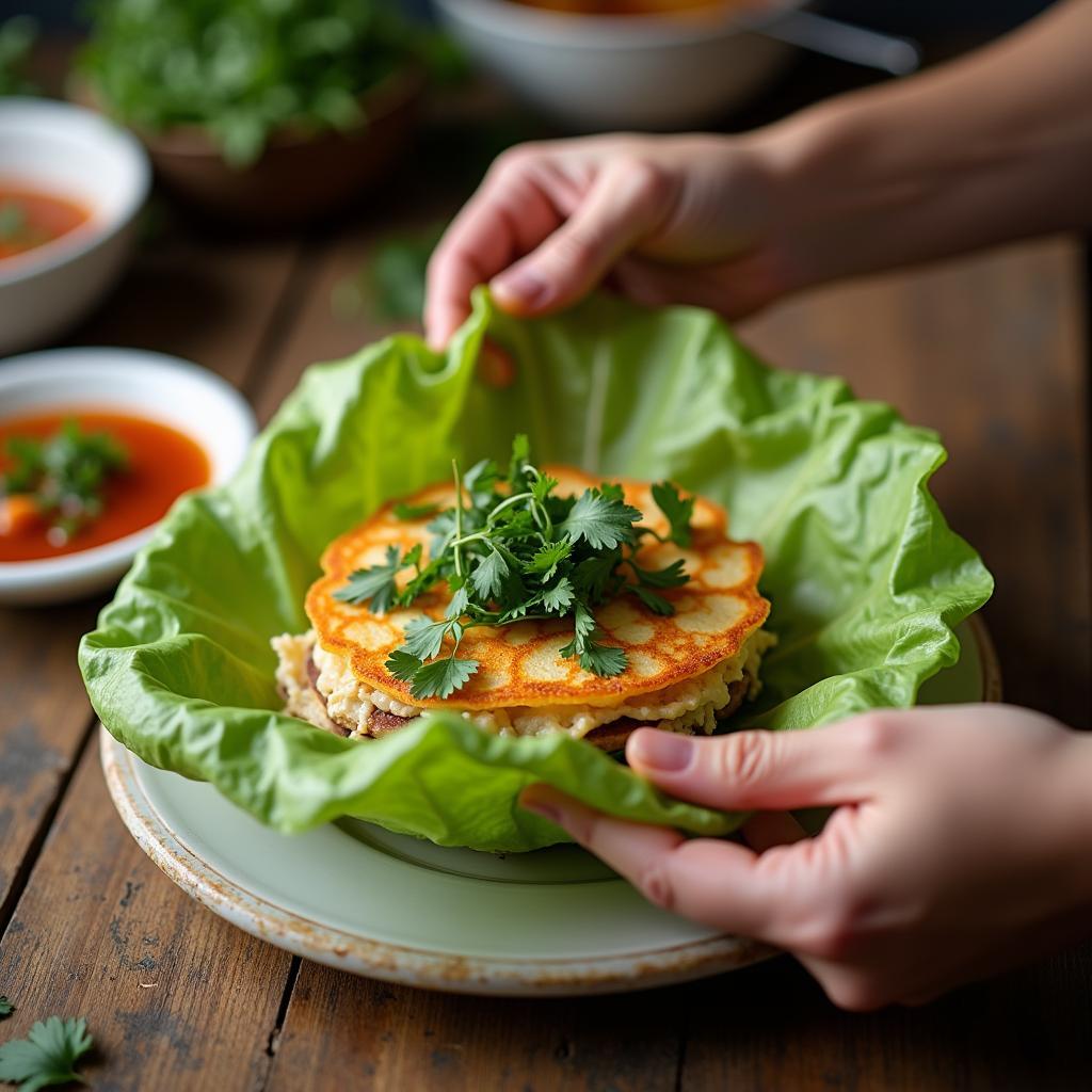Hình ảnh một người đang cuốn bánh khoái Thanh Hóa với rau xà lách và các loại rau thơm để chuẩn bị thưởng thức món ẩm thực địa phương này.