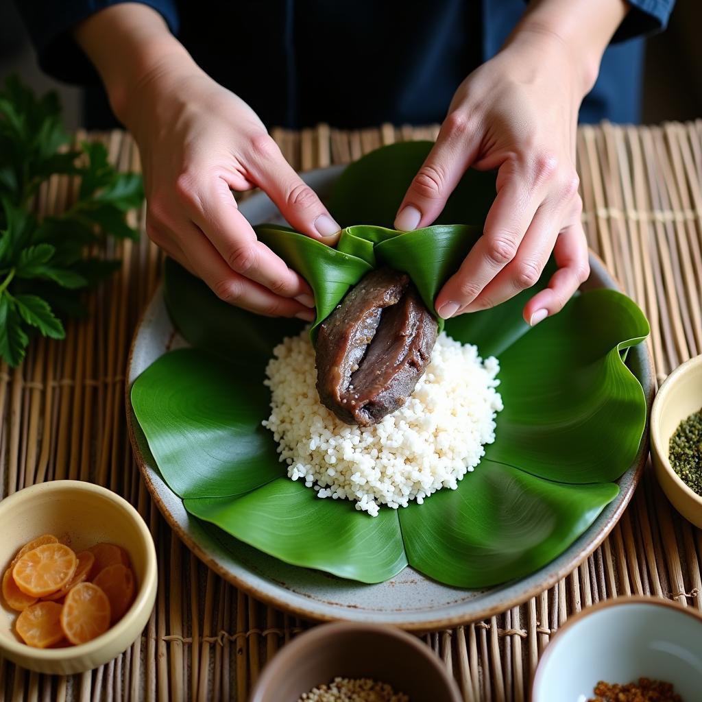 Hình ảnh người dân địa phương đang khéo léo gói bánh lá răng bừa Thanh Hóa bằng lá dong xanh mướt