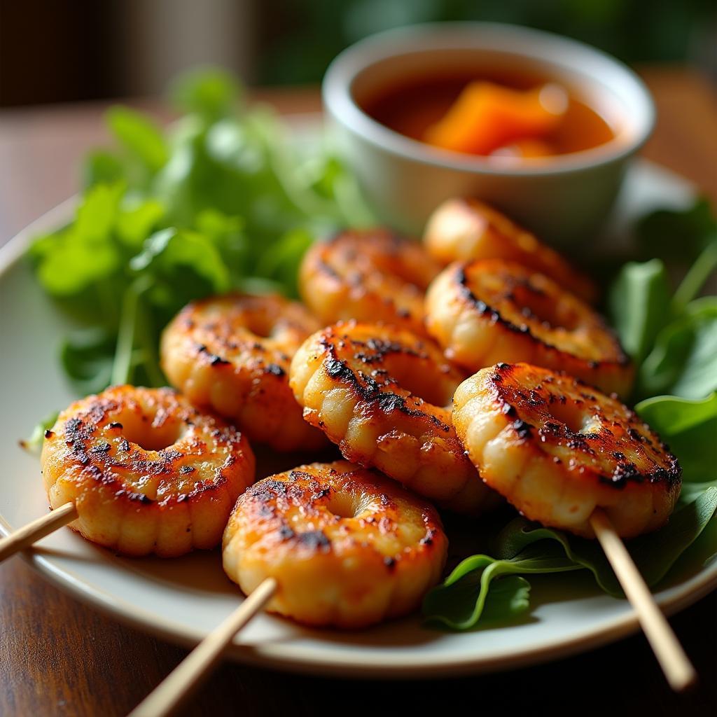 Chả tôm Thanh Hóa đang được nướng trên bếp than hoa tỏa mùi thơm nức, một trong những đặc sản Thanh Hóa hấp dẫn nhất.