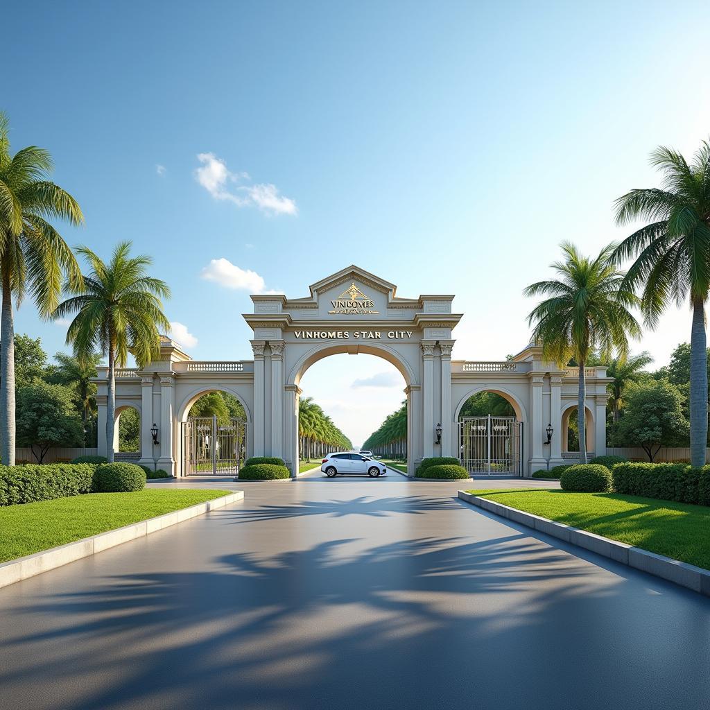 Toàn cảnh cổng chào tráng lệ của khu đô thị Vinhomes Star City Thanh Hóa, biểu tượng kiến trúc châu Âu hiện đại.