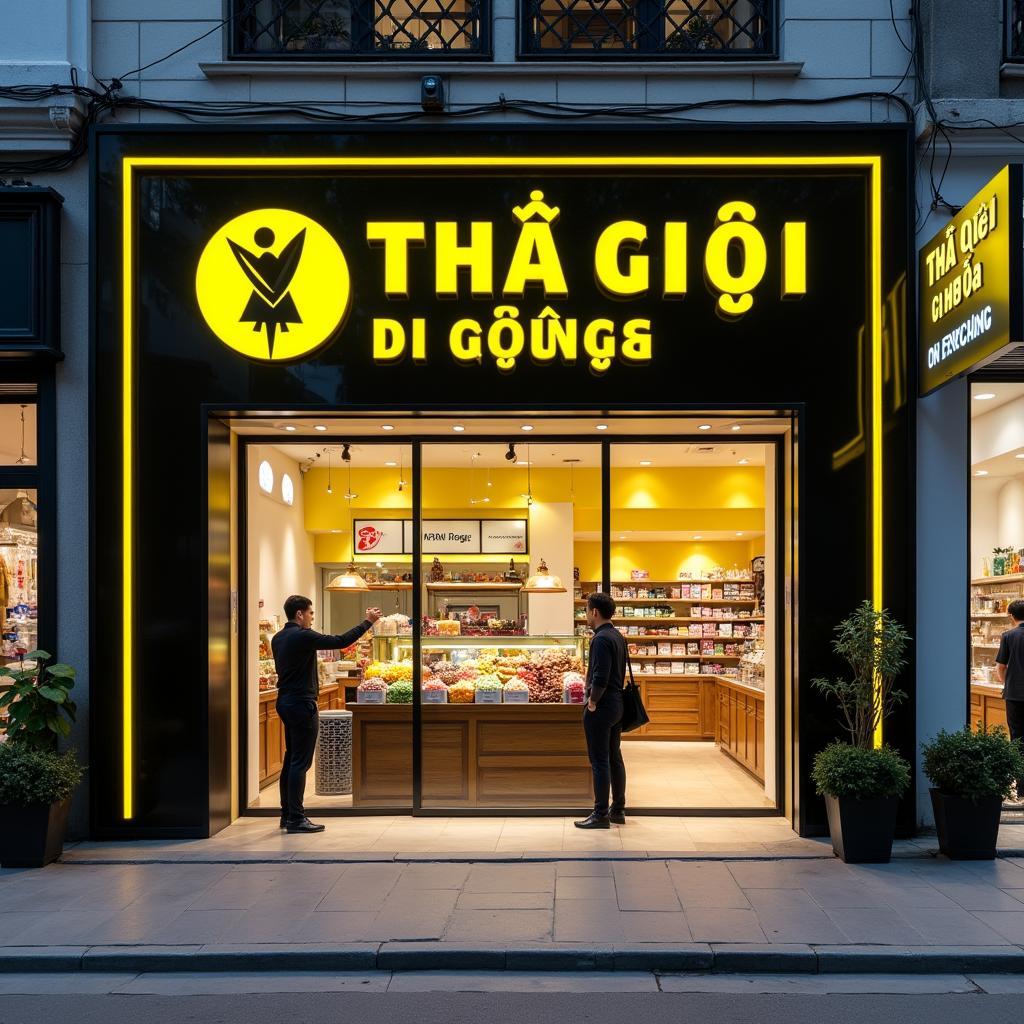 Mặt tiền cửa hàng Thế Giới Di Động Thanh Hóa nổi bật với tông màu vàng đen đặc trưng và đội ngũ nhân viên chuyên nghiệp.