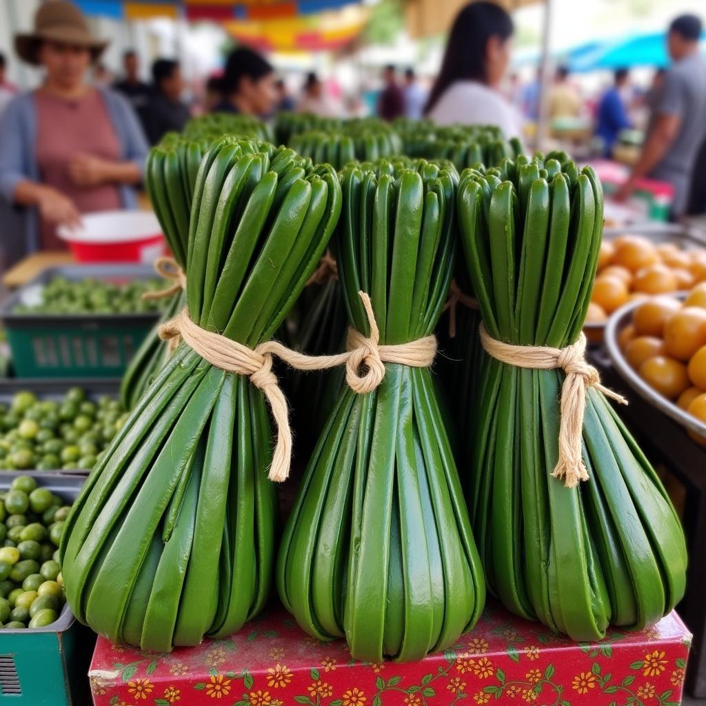 Chùm bánh răng bừa Thanh Hóa đặc sản được gói trong lá dong xanh mướt, bày bán tại chợ địa phương