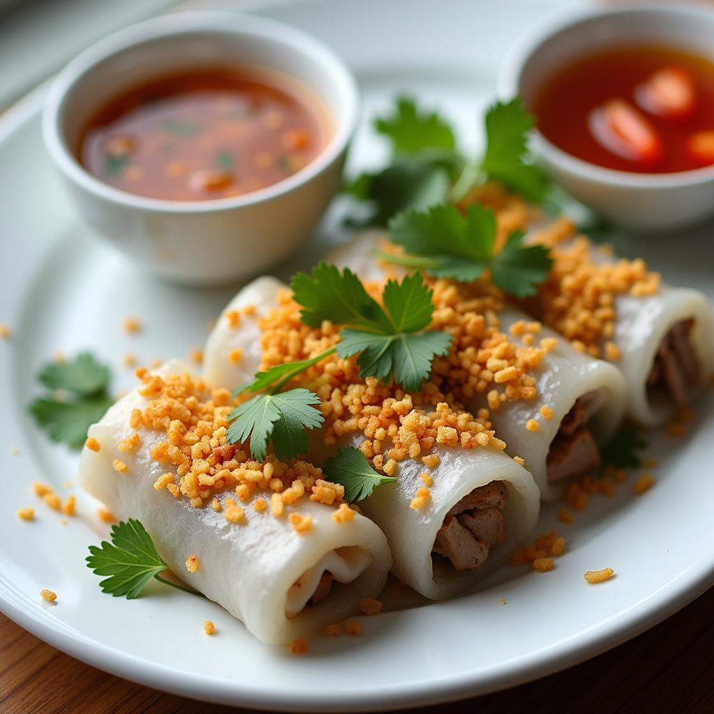 Đĩa bánh cuốn Thanh Hóa nóng hổi trắng ngần, điểm xuyết nhân thịt và hành phi vàng rụm cùng bát nước chấm đặc trưng