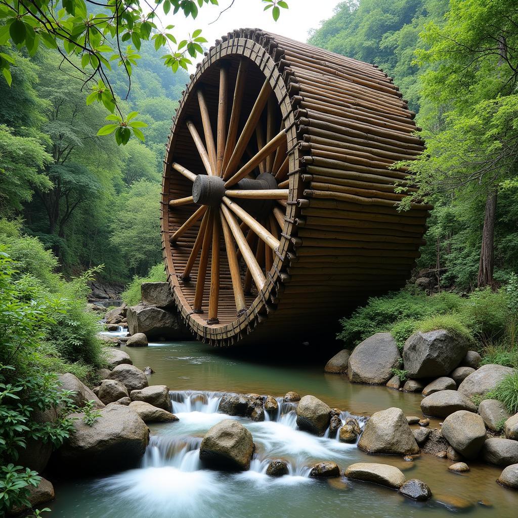 Cận cảnh guồng nước tre khổng lồ đặc trưng tại Pù Luông Thanh Hóa bên dòng suối trong vắt