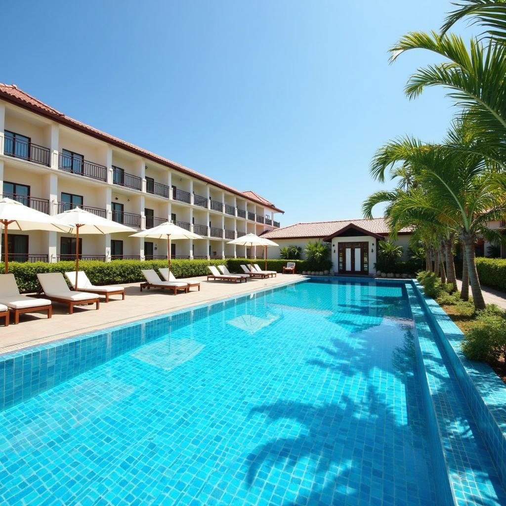 Hồ bơi ngoài trời trong xanh và khu vực thư giãn tại Khách sạn Sao Mai Thanh Hóa