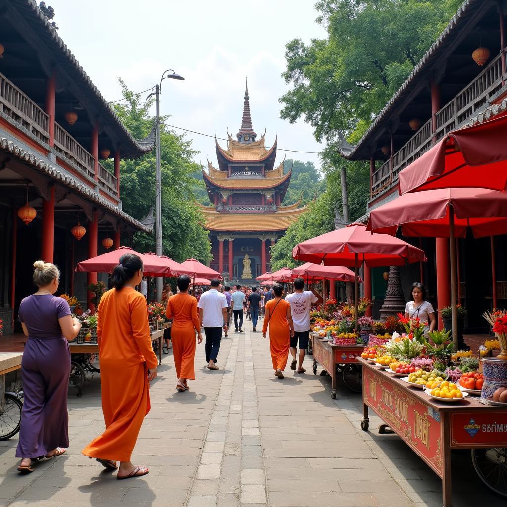 Không gian bên ngoài đền Cô Bơ Thanh Hóa với du khách thập phương đang đi lễ và các hàng quán nhỏ bán đồ lễ vật