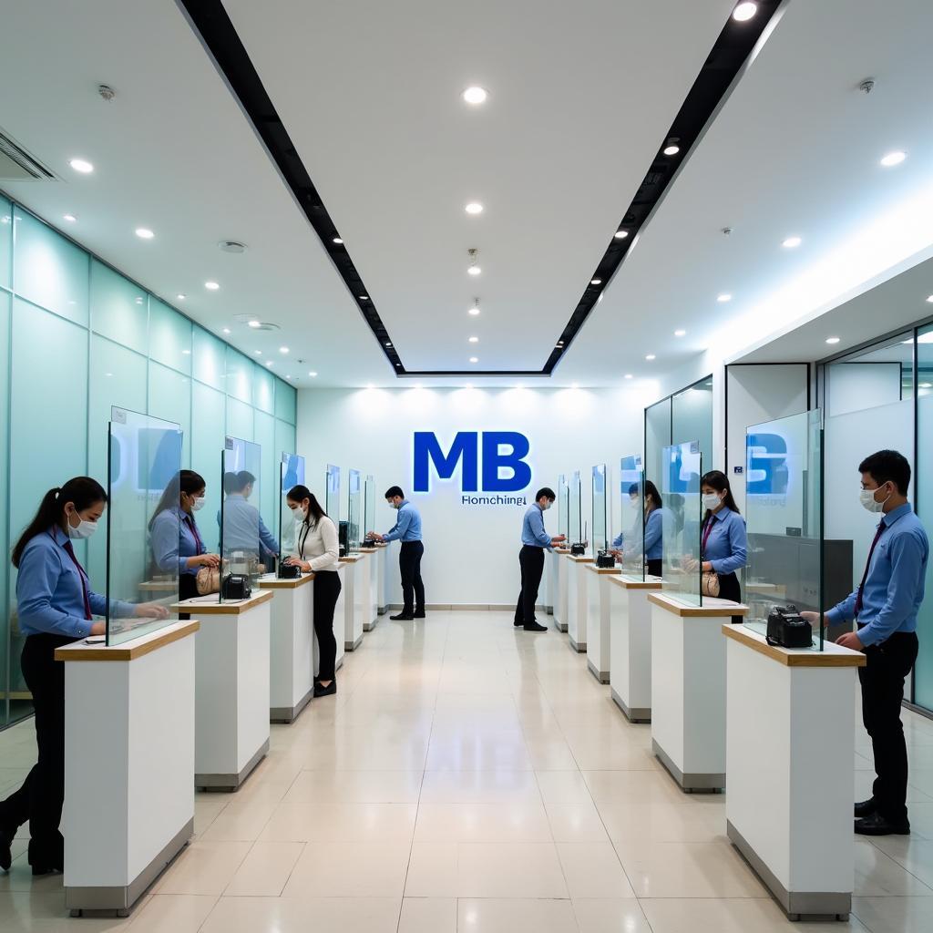 Không gian giao dịch chuyên nghiệp và hiện đại bên trong chi nhánh MB Thanh Hóa, với quầy giao dịch và nhân viên phục vụ