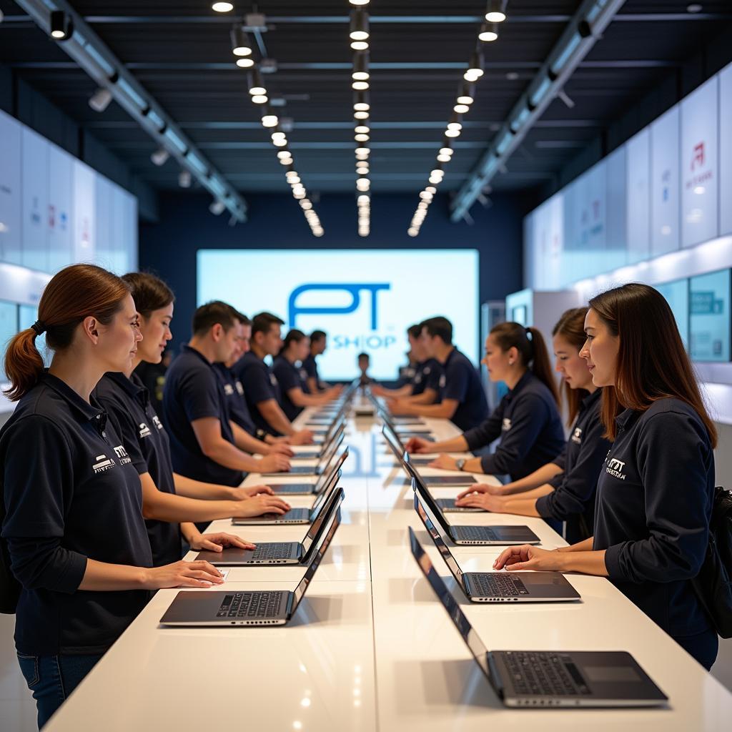 Không gian bên trong một cửa hàng FPT Shop tại Thanh Hóa với nhiều sản phẩm công nghệ như điện thoại, laptop được trưng bày.