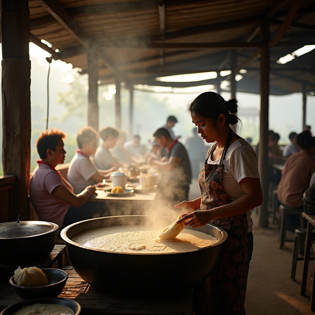 Không gian một quán ăn bán đặc sản bánh cuốn Thanh Hóa với nồi tráng bánh nghi ngút khói