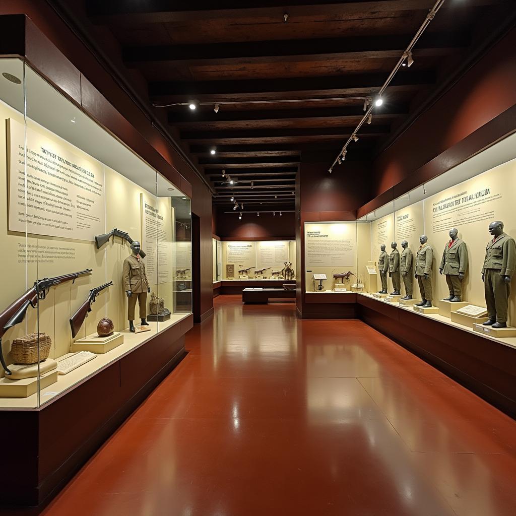Một góc trưng bày bên trong Bảo tàng Tỉnh Thanh Hóa với các hiện vật lịch sử cận đại như vũ khí, quân phục và hình ảnh tư liệu được sắp xếp khoa học.