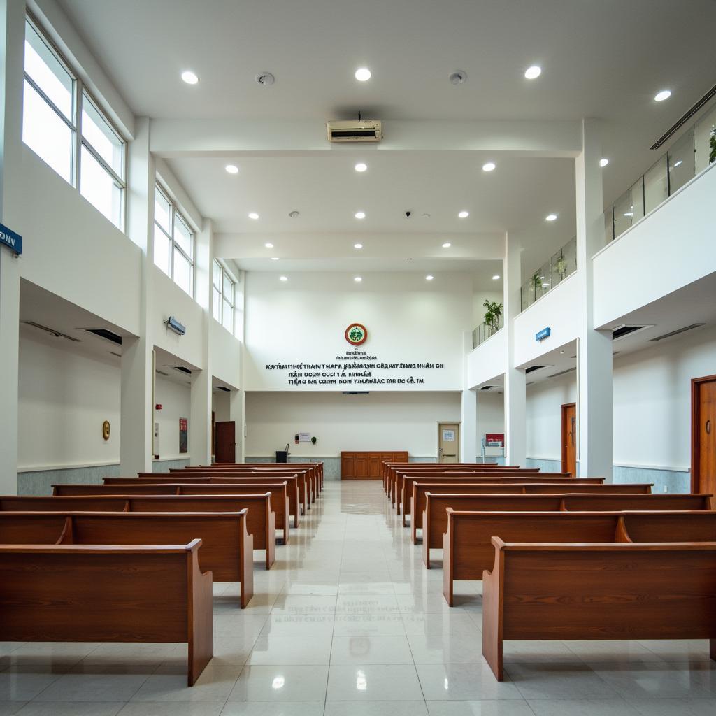 Không gian bên trong khu vực chờ của Tòa án Nhân dân tỉnh Thanh Hóa, sạch sẽ, trang nghiêm và có ghế ngồi cho người dân.