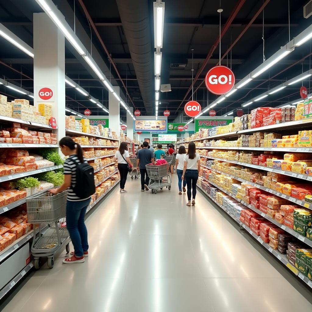 Bên trong khu vực siêu thị GO! tại Big C Thanh Hóa với các gian hàng thực phẩm tươi sống, hàng tiêu dùng đa dạng.