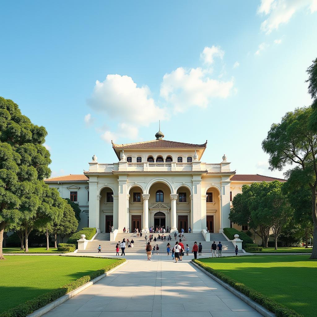 Khung cảnh bên ngoài tòa nhà chính của Bảo tàng Tỉnh Thanh Hóa vào một ngày nắng đẹp, thể hiện kiến trúc bề thế và khuôn viên xanh mát.
