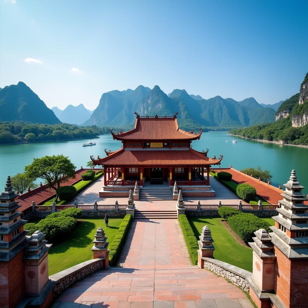 Toàn cảnh kiến trúc cổ kính và linh thiêng của đền Cô Bơ Thanh Hóa nằm bên cạnh dòng sông Mã thơ mộng