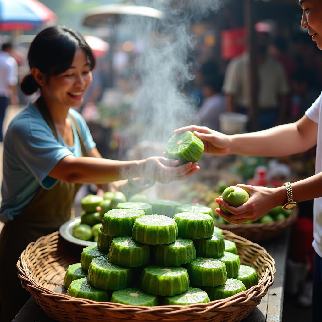 Một gánh hàng rong bán đặc sản bánh lá Thanh Hóa nóng hổi tại một khu chợ địa phương sầm uất