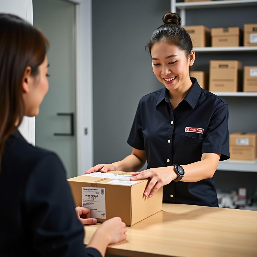 Nhân viên Viettel Post Thanh Hóa đang cẩn thận đóng gói và dán tem vận đơn lên một kiện hàng cho khách.