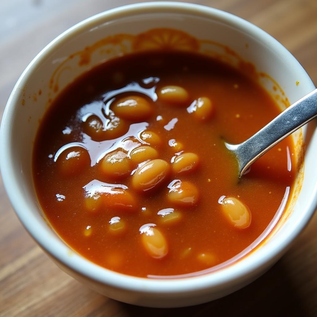 Bát nước lèo "chẻo" đặc trưng để chấm bánh khoái Thanh Hóa, có màu nâu vàng sánh mịn, thơm lừng vị đậu phộng và thịt băm.