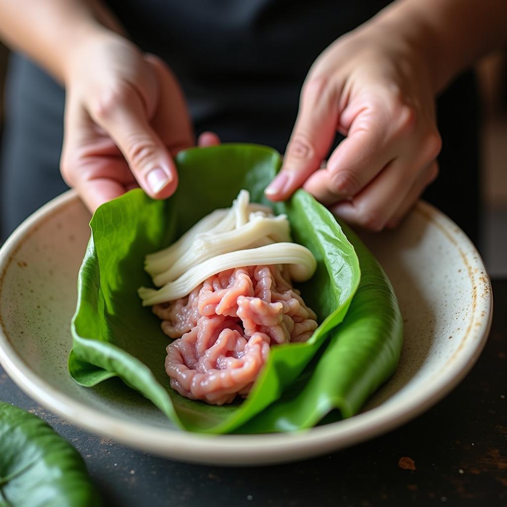 Cận cảnh công đoạn gói nem chua Thanh Hóa bằng lá chuối xanh một cách tỉ mỉ, thể hiện sự khéo léo của người thợ làm nem.