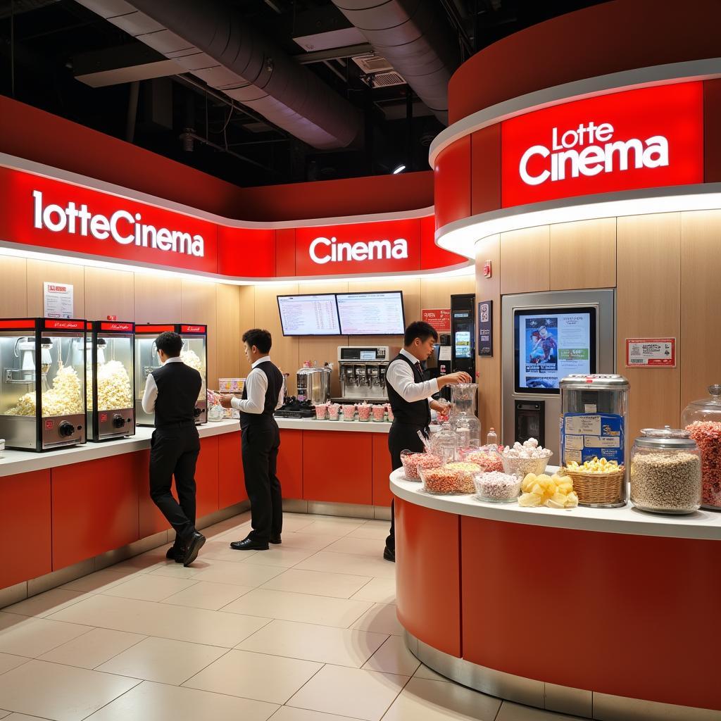 Quầy bán vé và combo bắp rang bơ, nước ngọt hấp dẫn tại rạp Lotte Cinema Thanh Hóa, nơi khán giả lựa chọn đồ ăn vặt.