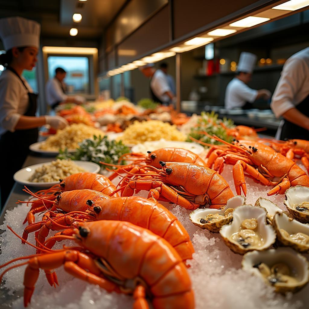 Toàn cảnh quầy line buffet hải sản Thanh Hóa đa dạng với tôm cua ghẹ tươi sống hấp dẫn thực khách.