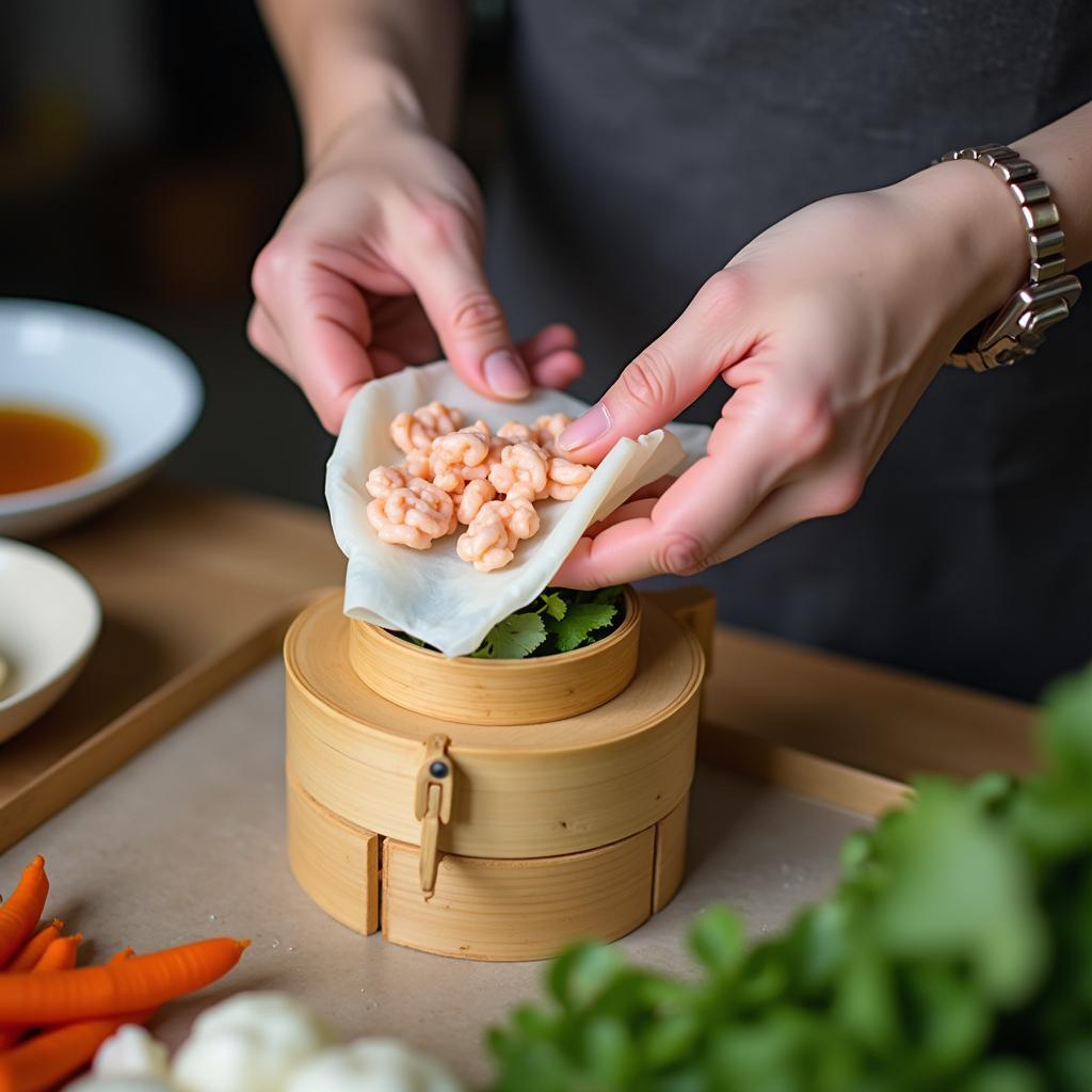 Hình ảnh cận cảnh đôi bàn tay đang khéo léo kẹp nhân tôm vào nẹp tre để chuẩn bị nướng món chả tôm Thanh Hóa.