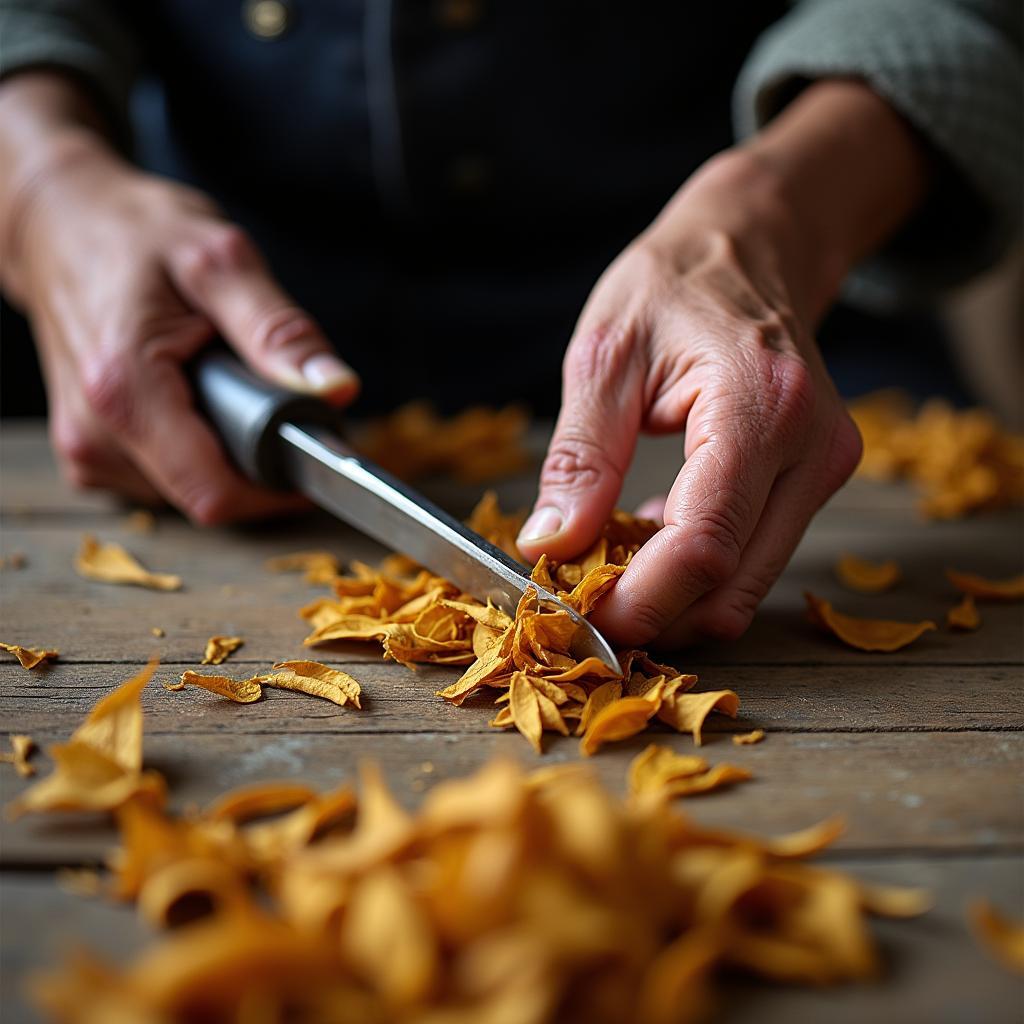 Cận cảnh bàn tay người nghệ nhân đang thái thủ công những sợi thuốc lào Thanh Hóa đều tăm tắp, một công đoạn quan trọng làm nên đặc sản.