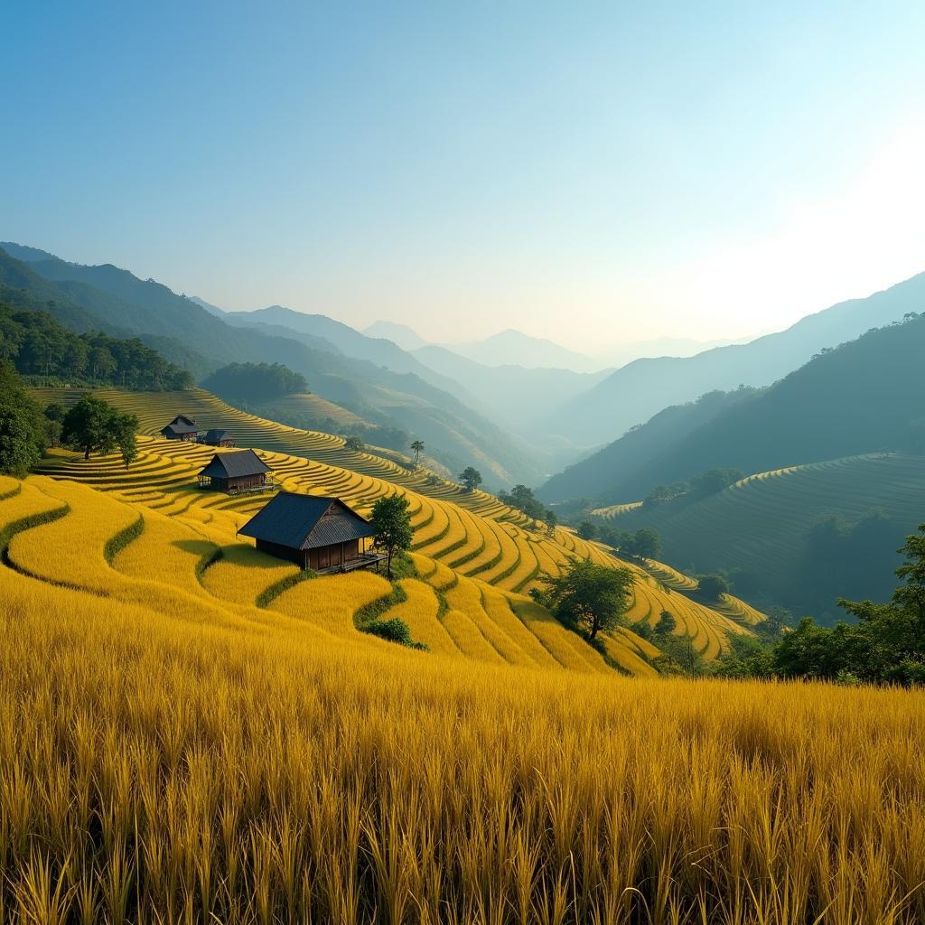 Toàn cảnh ruộng bậc thang Pù Luông Thanh Hóa mùa lúa chín vàng óng ả đẹp như tranh vẽ