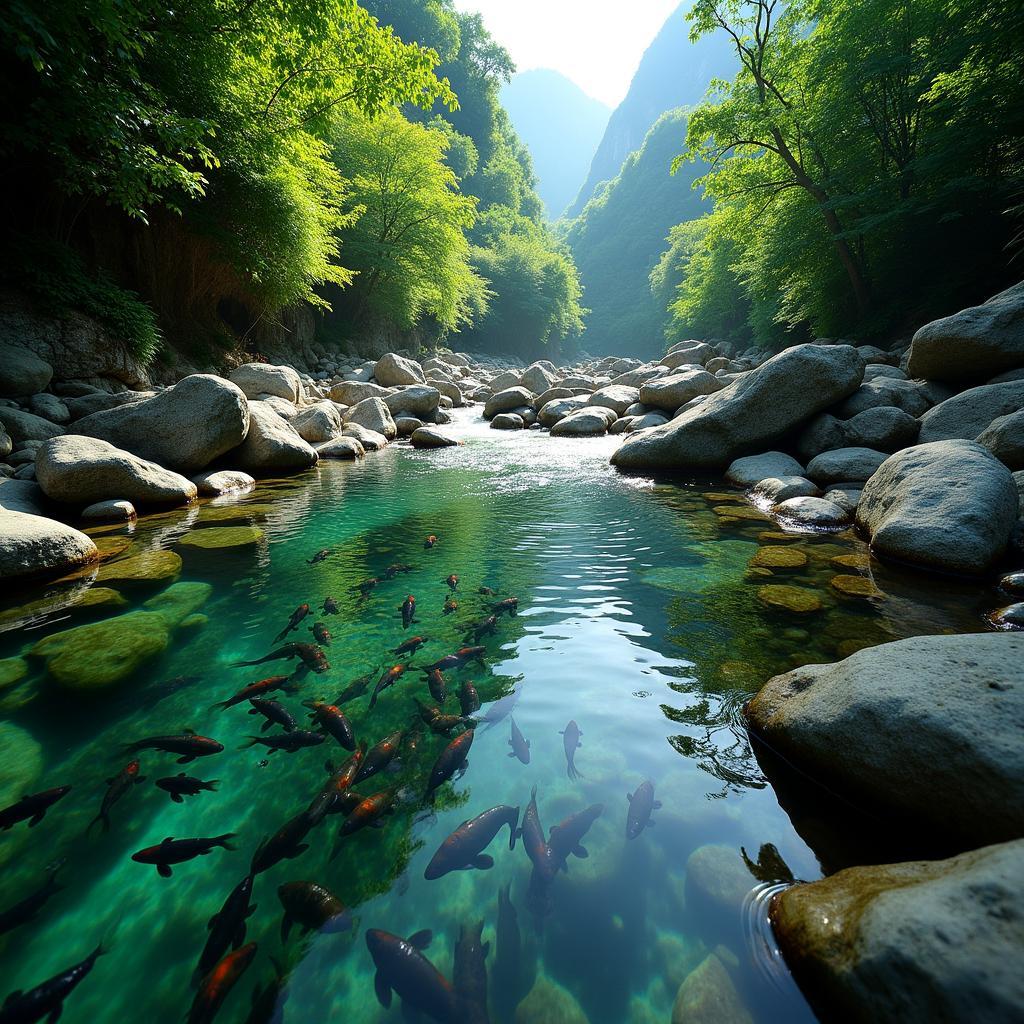 Cận cảnh đàn cá thần hàng nghìn con bơi lội dưới dòng suối trong vắt tại Suối Cá Thần Thanh Hóa