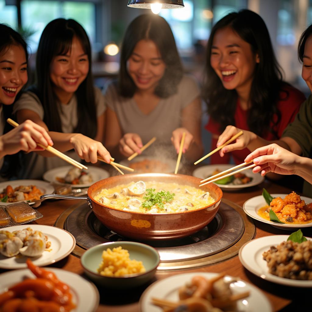 Thực khách đang vui vẻ thưởng thức lẩu và nướng tại bàn tại một nhà hàng buffet hải sản Thanh Hóa.