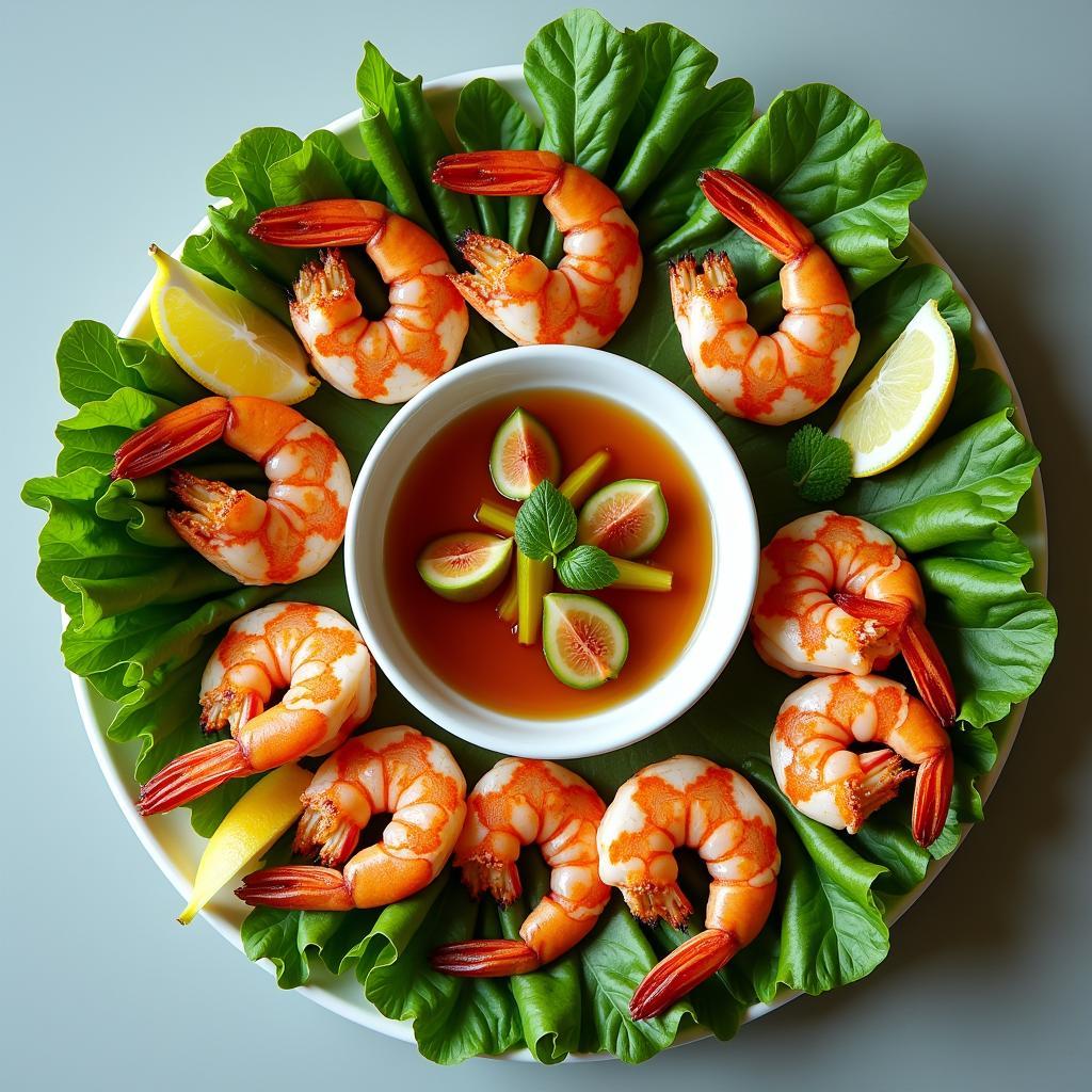 Đĩa chả tôm Thanh Hóa vàng giòn được bài trí đẹp mắt cùng rau sống và bát nước chấm đu đủ, sung muối đặc trưng của ẩm thực địa phương.