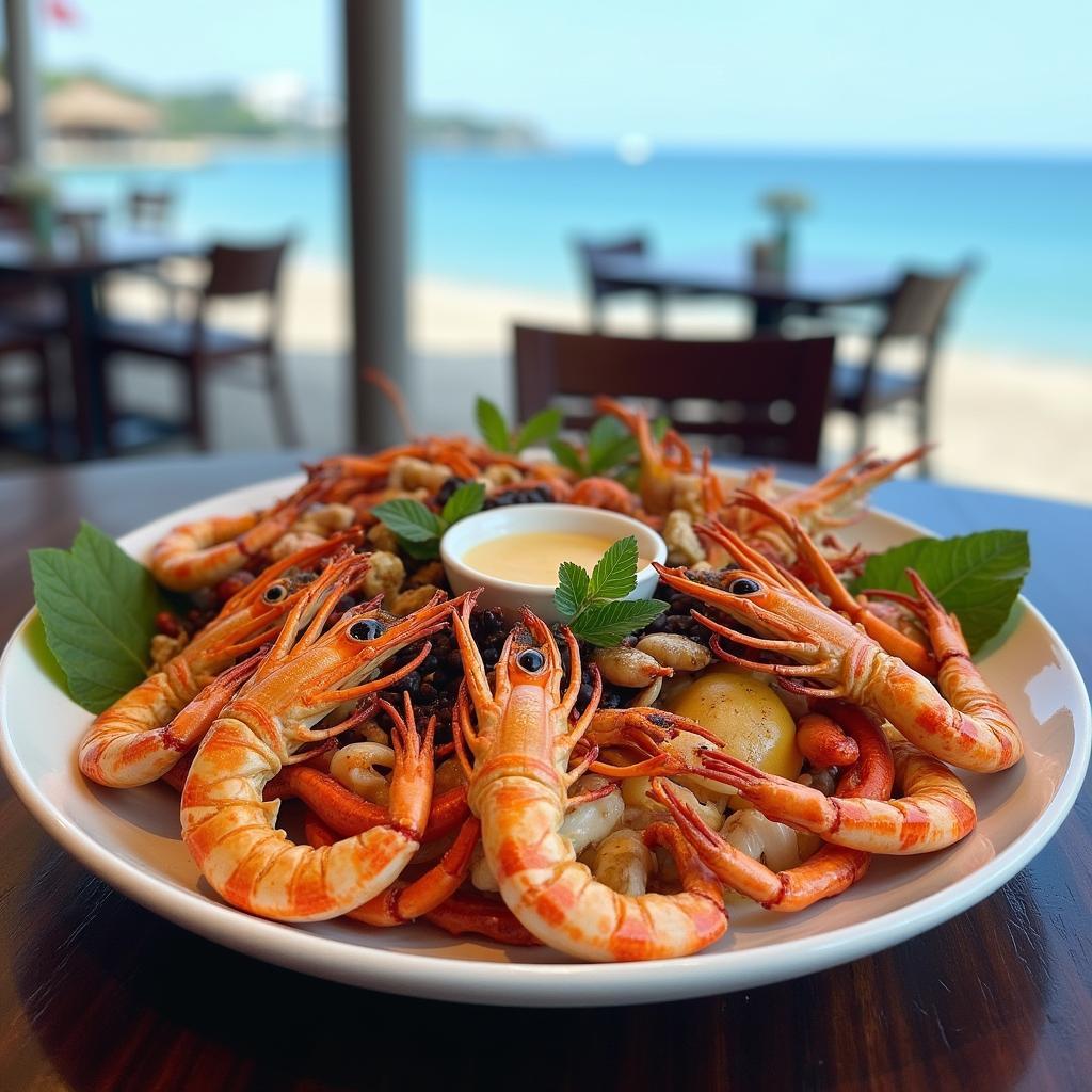 Mâm hải sản tươi ngon hấp dẫn được bày biện đẹp mắt tại một nhà hàng ven biển ở Bãi Đông Thanh Hóa