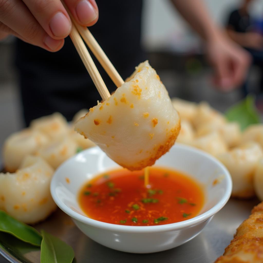 Thực khách đang thưởng thức món bánh cuốn Thanh Hóa nóng hổi, chấm ngập trong bát nước mắm chua ngọt