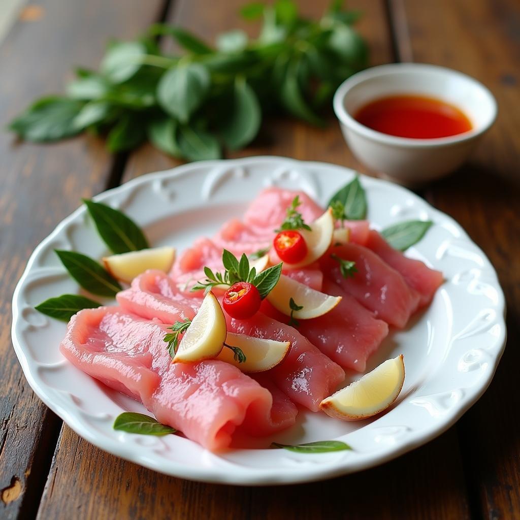 Đĩa nem chua Thanh Hóa đã bóc vỏ được bày biện đẹp mắt, màu hồng tươi, ăn kèm lá sung và chấm với tương ớt cay nồng.