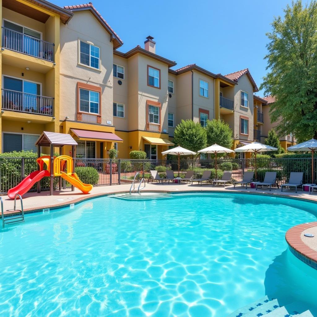 Hồ bơi ngoài trời xanh mát và khu vui chơi trẻ em, tiện ích nổi bật tại Chung cư Xuân Mai Thanh Hóa