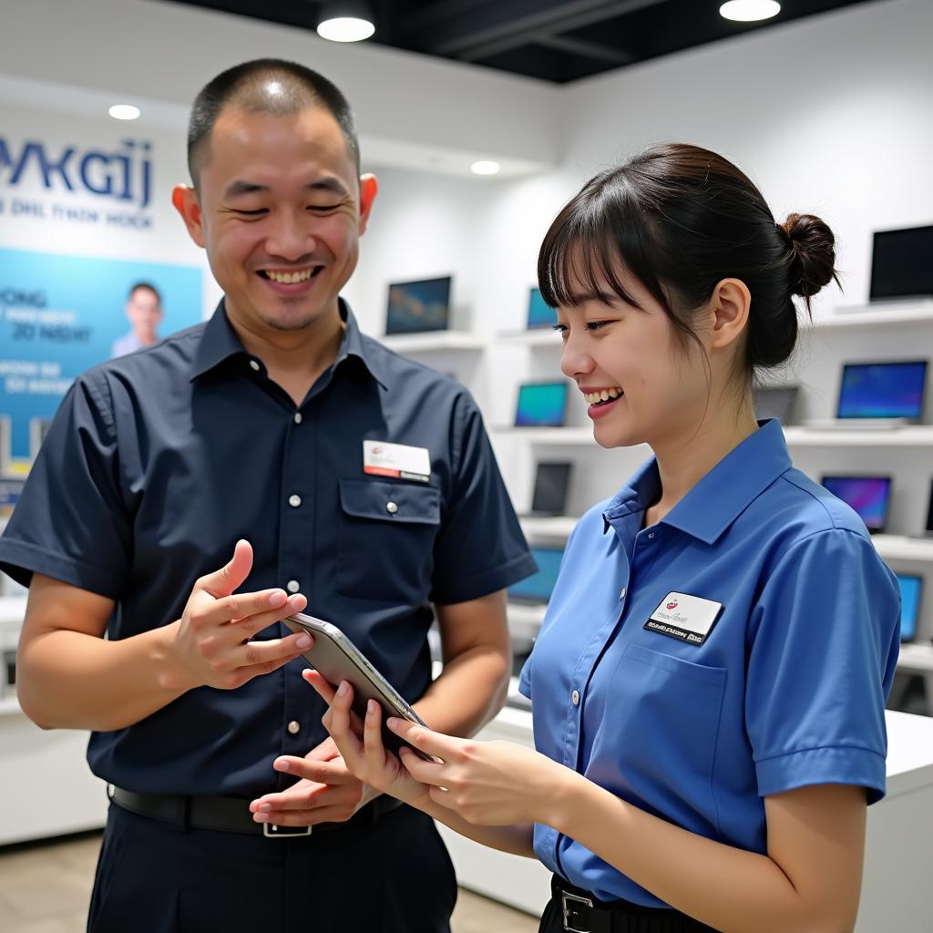 Khách hàng đang trải nghiệm sản phẩm điện thoại thông minh tại Thế Giới Di Động Thanh Hóa với sự tư vấn tận tình của nhân viên.