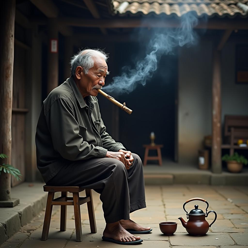 Một người đàn ông đang trải nghiệm văn hóa hút thuốc lào Thanh Hóa bằng chiếc điếu cày tre truyền thống bên cạnh ấm chè xanh. 