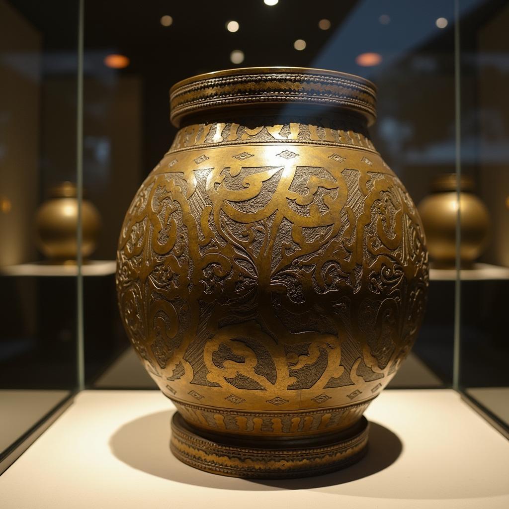 Cận cảnh một chiếc trống đồng Đông Sơn được trưng bày trang trọng trong lồng kính tại Bảo tàng Tỉnh Thanh Hóa, với các chi tiết hoa văn tinh xảo hiện rõ.