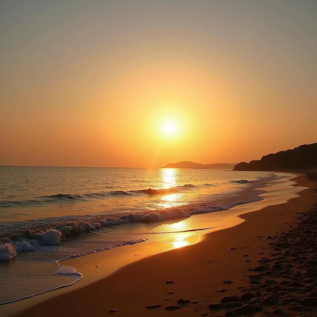 Bình minh trên biển Hải Bình, Thanh Hóa, ánh nắng chiếu rọi xuống bãi cát vàng