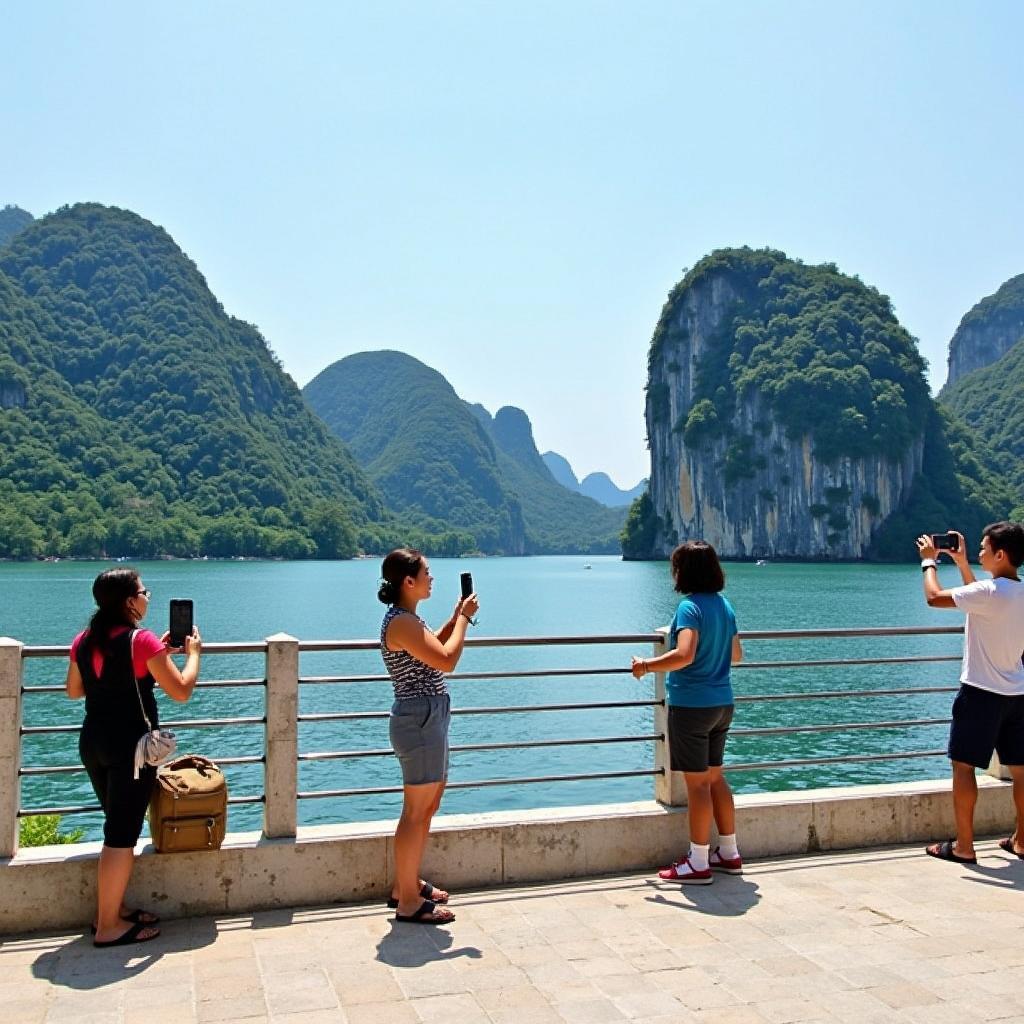 Khách du lịch chụp ảnh tại Cầu Chuối Thanh Hóa bên hồ nước xanh trong vắt