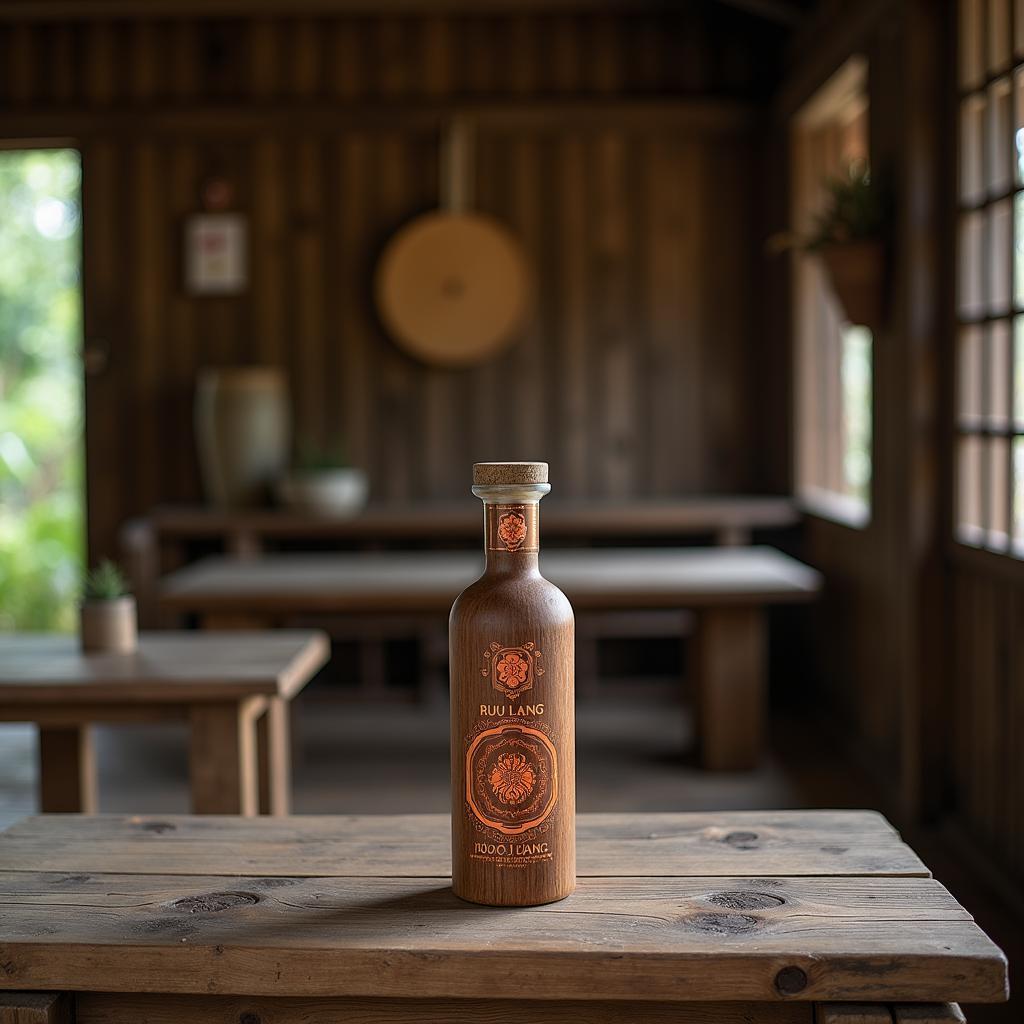 A bottle of Ruou Lang Quang Xuong displayed in a traditional Vietnamese home in Thanh Hoa, showcasing the product's local heritage