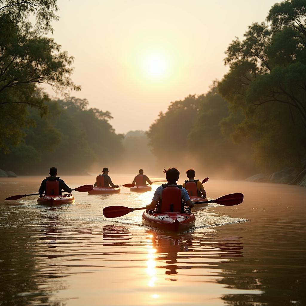 Du khách chèo thuyền kayak trên sông Mã Pù Luông Retreat Thanh Hóa vào một buổi sáng sớm