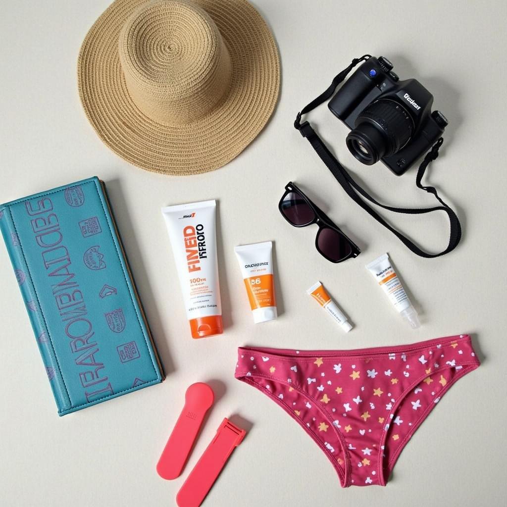 Chuẩn bị đầy đủ đồ dùng cần thiết cho chuyến du lịch đảo Hòn Nẹ, bao gồm kem chống nắng, mũ, kính râm, đồ bơi, máy ảnh và thuốc men cá nhân