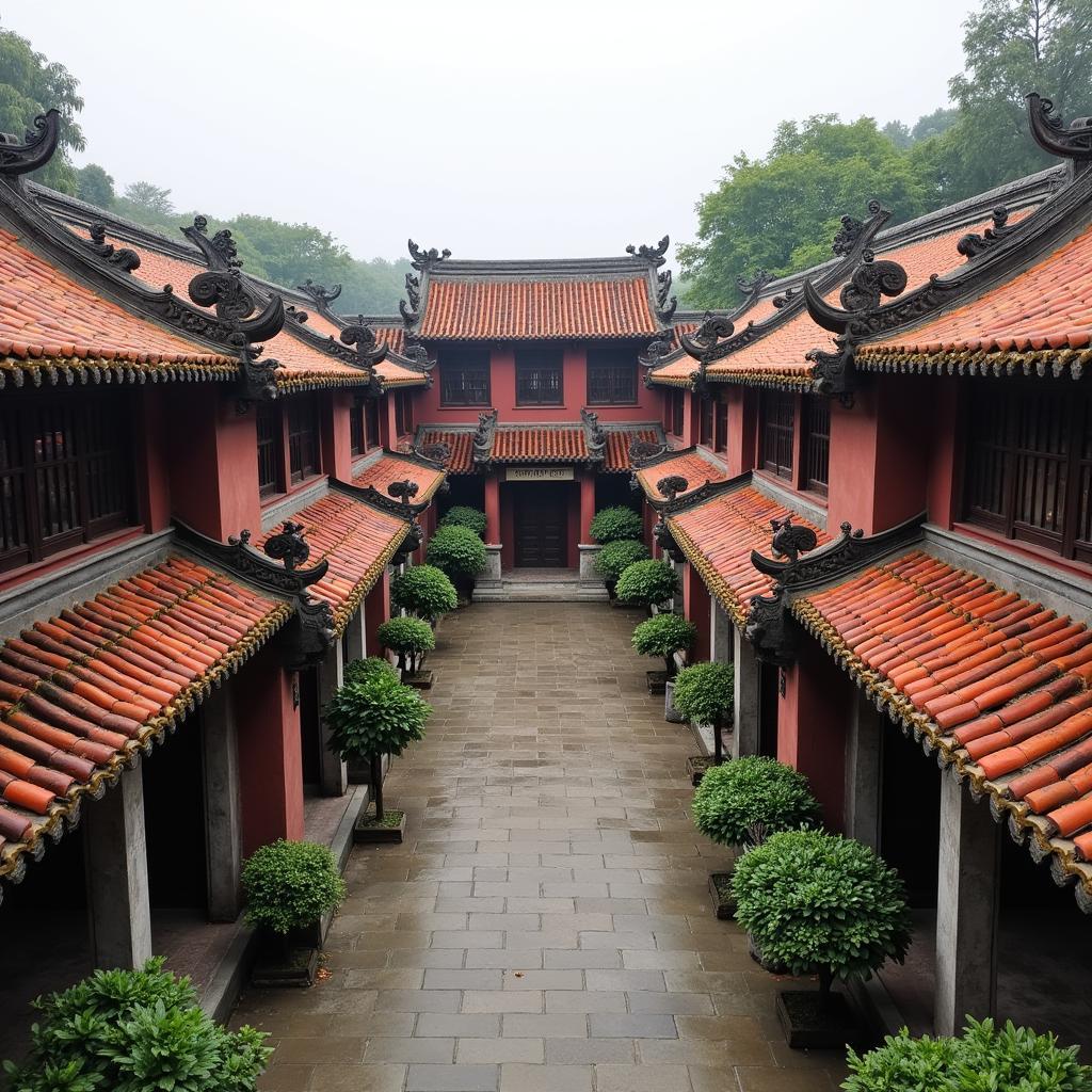 Kiến trúc cổ kính của Đền Chín Giếng với mái ngói đỏ và họa tiết trang trí tinh xảo