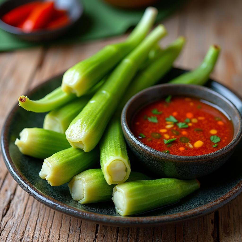 Đĩa rau sắng luộc Thanh Hóa ăn kèm nước mắm ớt thơm ngon hấp dẫn