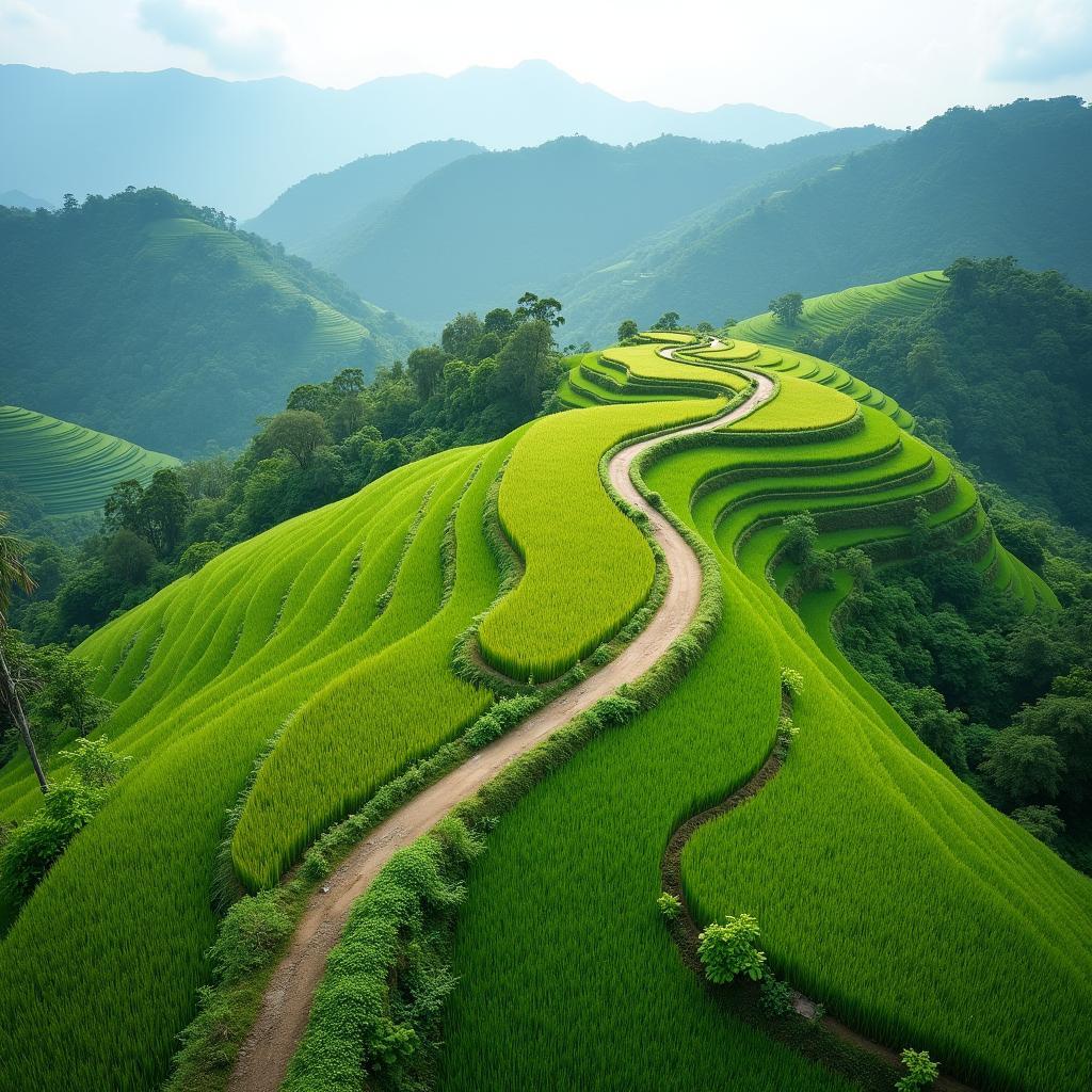 Đường đi Pù Luông Retreat Thanh Hóa quanh co uốn lượn qua những thửa ruộng bậc thang xanh mướt